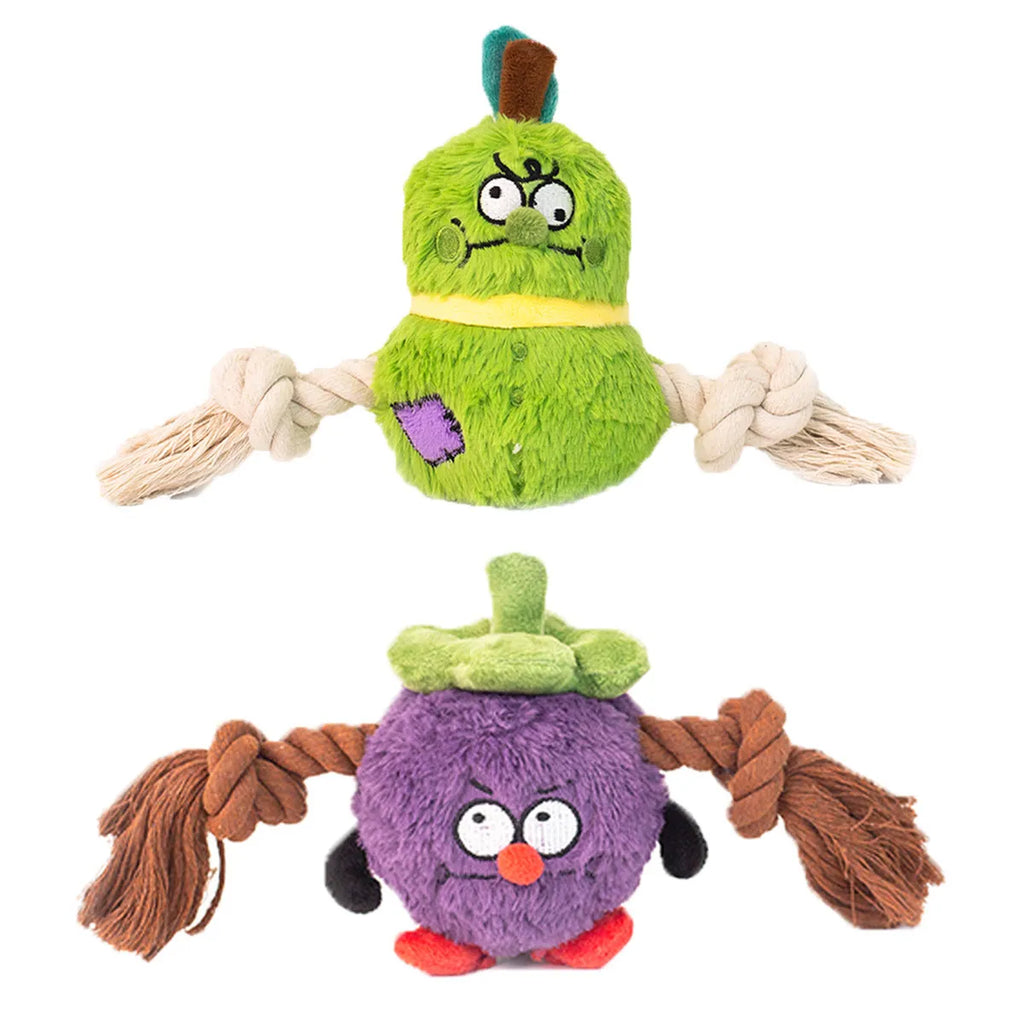 Green or purple plush rope knot dog toy with built-in molar tooth elements for tug-of-war and dental play