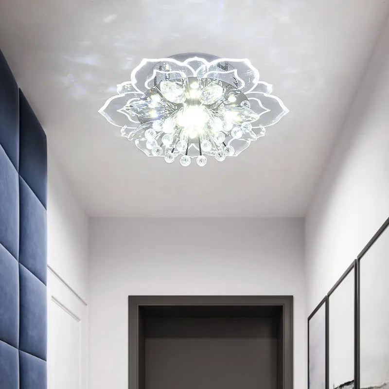 Small modern crystal and acrylic ceiling lamp with stainless steel fitting on a white ceiling.