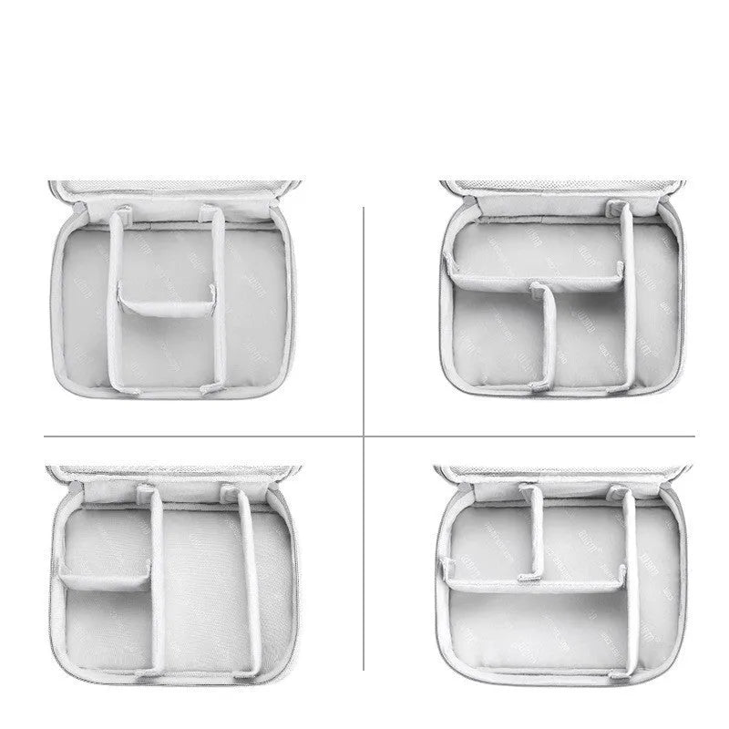 Black and grey EVA digital storage bags for organising headphones and cables, showing single and double layer options.