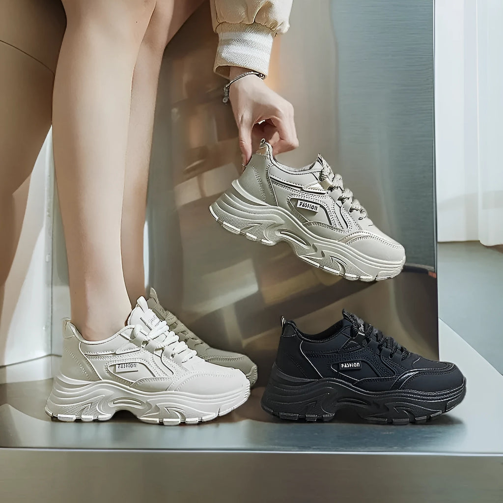 Breathable student sports height increasing low-top shoes for women, artificial PU upper, rubber sole, round head