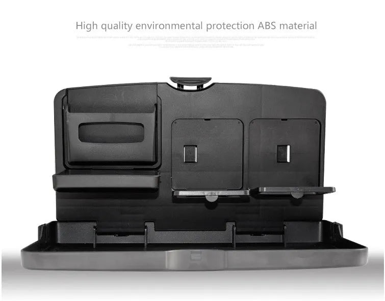 Car back seat folding table in black PP plastic with large tray for drinks and snacks, size 340x200x30mm