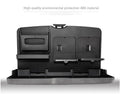 Car back seat folding table in black PP plastic with large tray for drinks and snacks, size 340x200x30mm