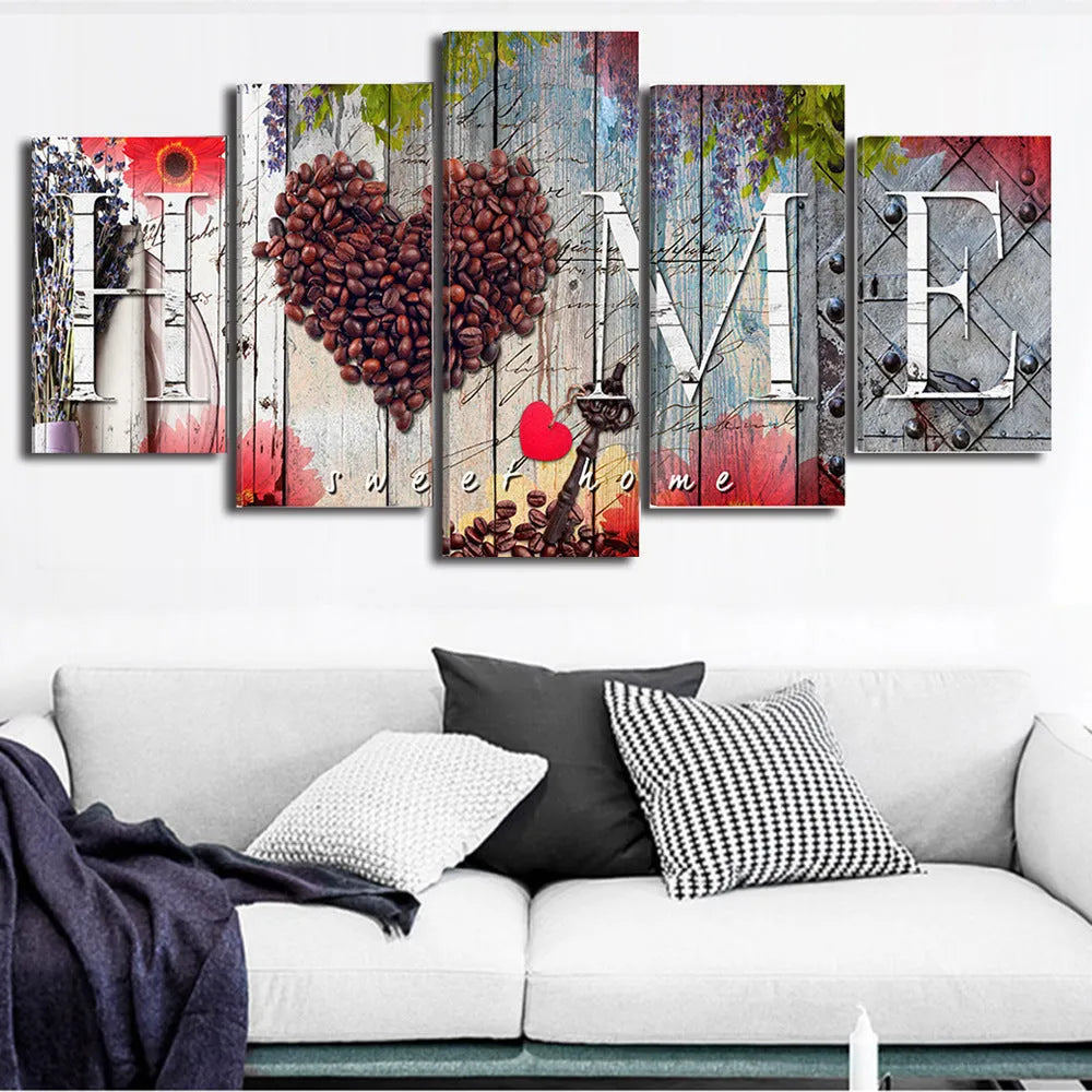 Set of five red oil painting decoration boards in coordinated sizes for gallery wall display