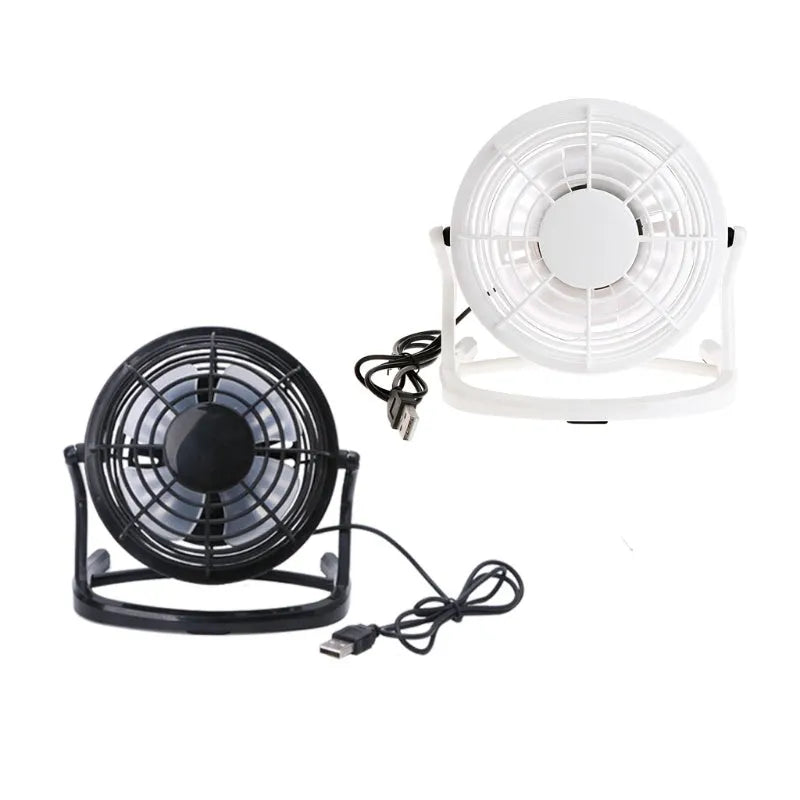 Mini adjustable USB desk fan in black, showing compact square design and angled breeze outlet
