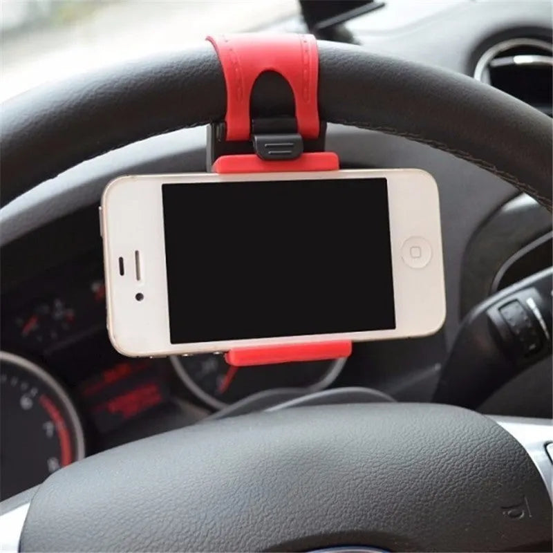 Black universal steering wheel phone clip mount holder showing phone compatibility.