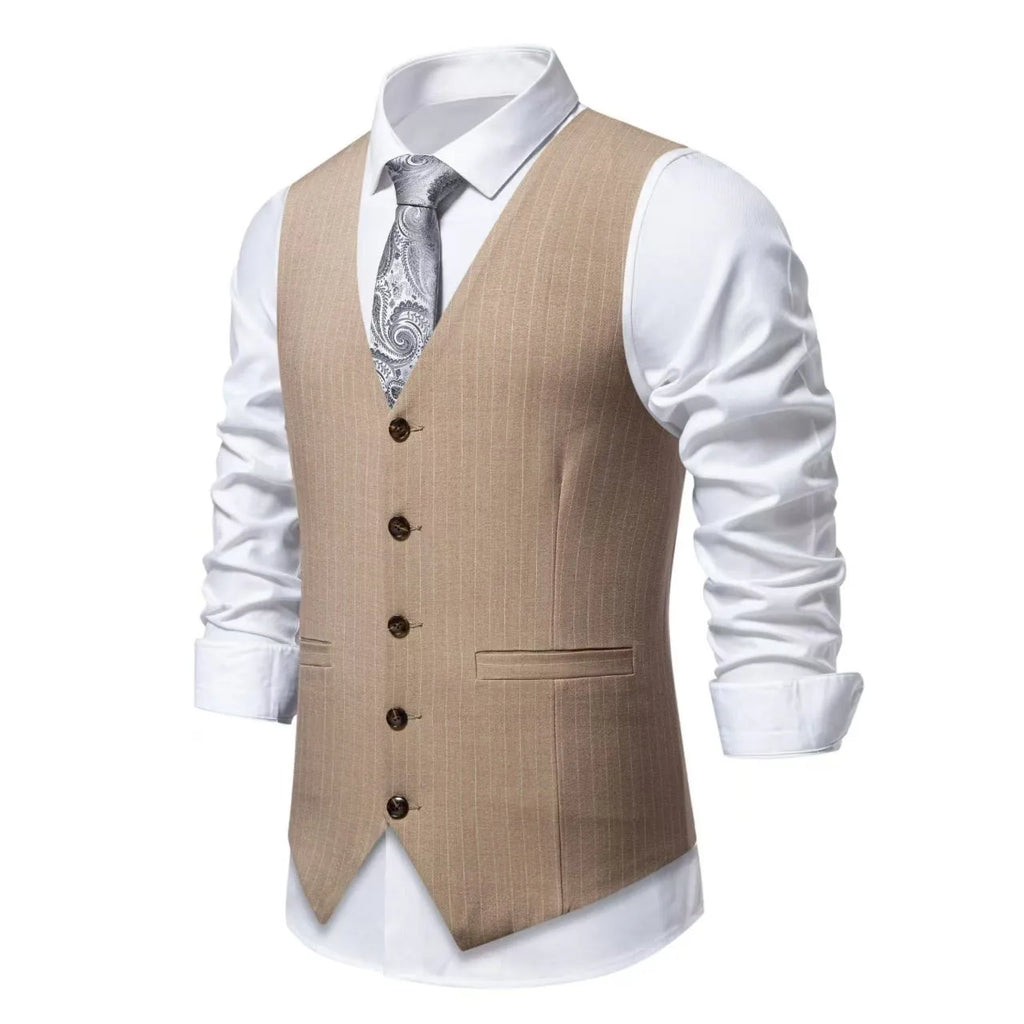 Men's striped suit vest in black, red, or khaki, showing mitre bottom hem and pocket detail.