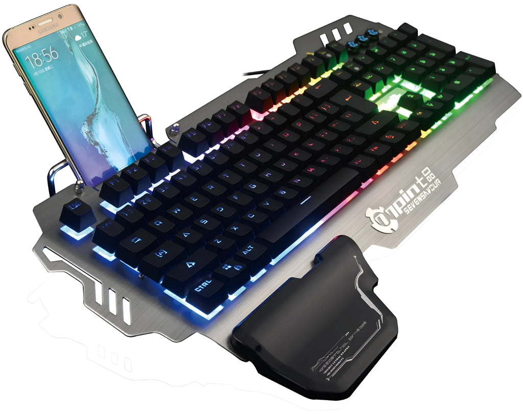 Silver grey wired mechanical gaming keyboard with mixed backlighting on desk