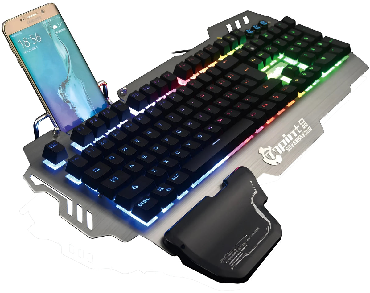 Silver grey wired mechanical gaming keyboard with mixed backlighting on desk