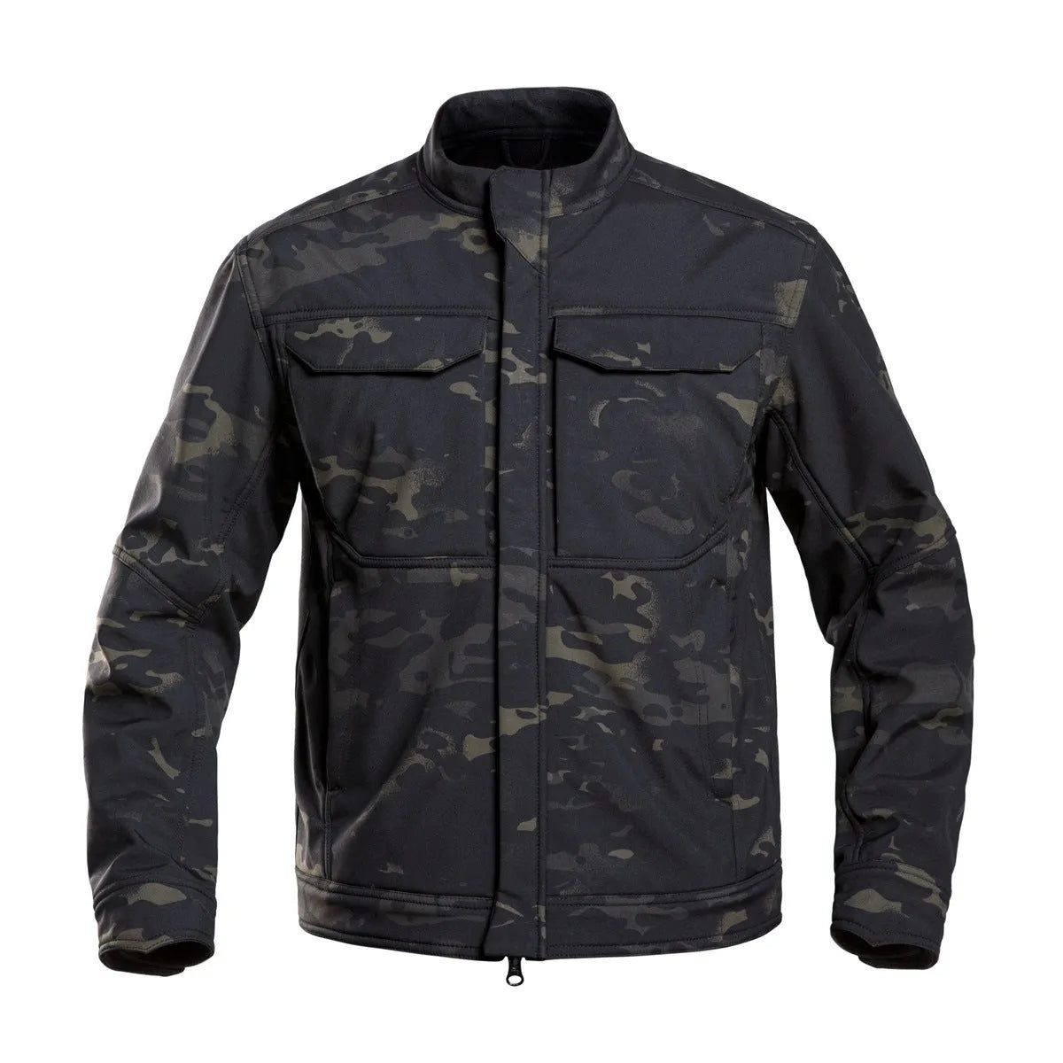 Bone Frog Peak Breaker soft shell tactical jacket in black camouflage colour for outdoor mountaineering.