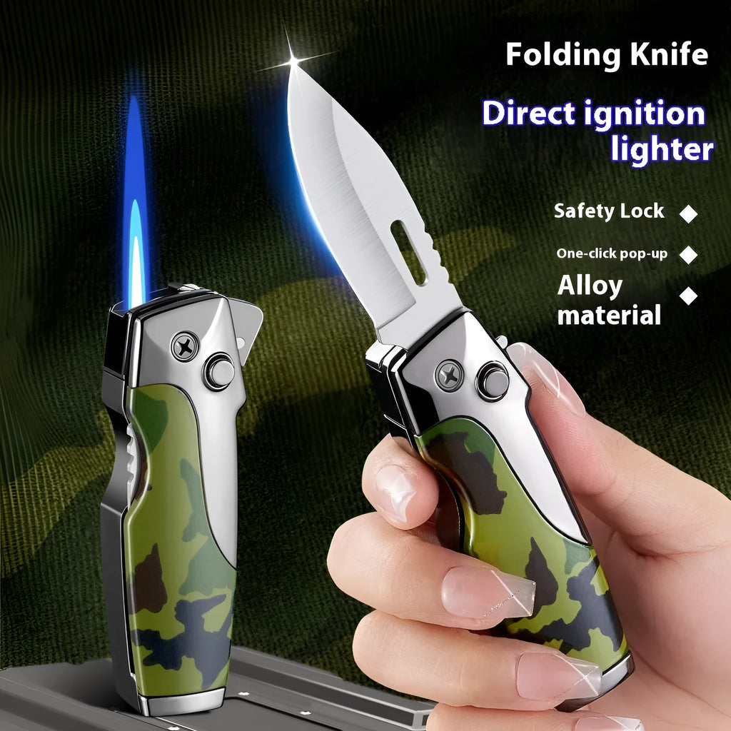 Zinc alloy metal folding lighter in black finish with straight jet flame and safety lock