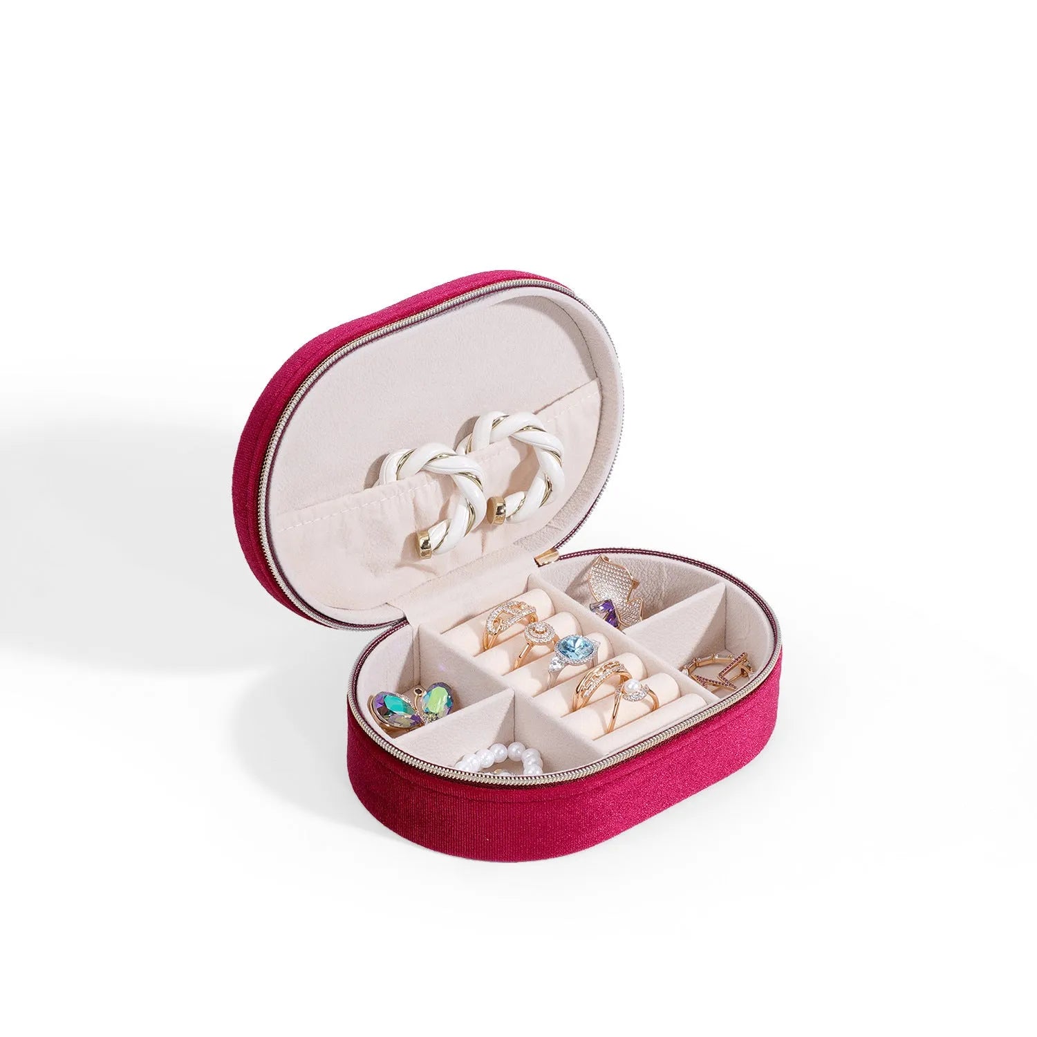 Korean style oval velvet jewellery box in multiple colours with flannel lining, shown with dimensions 15x10x5cm