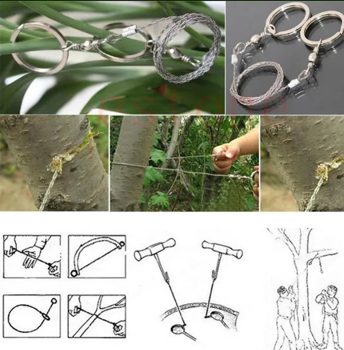 Stainless steel survival wire saw with thumb rings, showing extended length of 70cm.