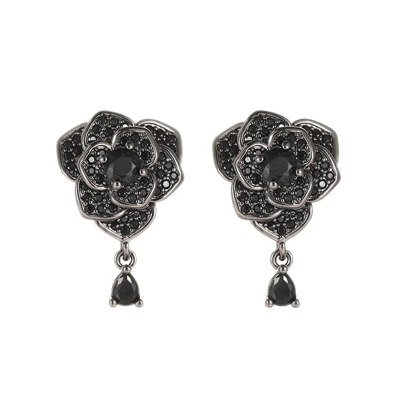 Black rose zircon flower stud earrings with 18K gold electroplating on copper
