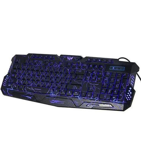 Black gaming keyboard with three-colour LED backlight showing blue backlighting and anti-skid stand