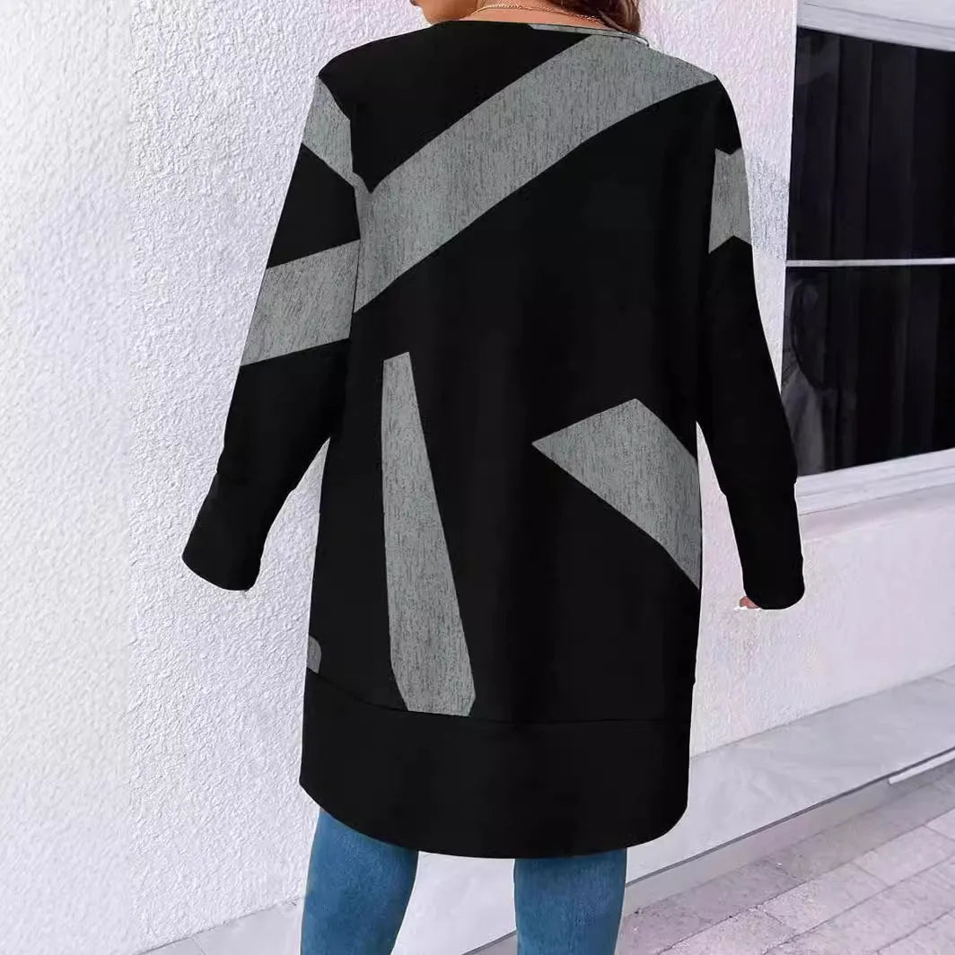 Black plus size casual cardigan coat with button stitching printing detail and loose fit