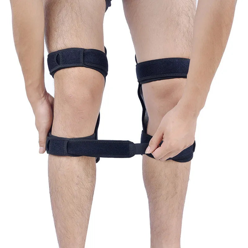 Adjustable spring knee brace support for mountaineering and squat sports, shown in black.