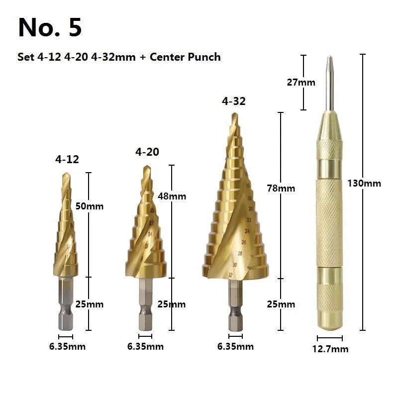 High speed steel cone step drill bits and a centre punch tool set for metal drilling.