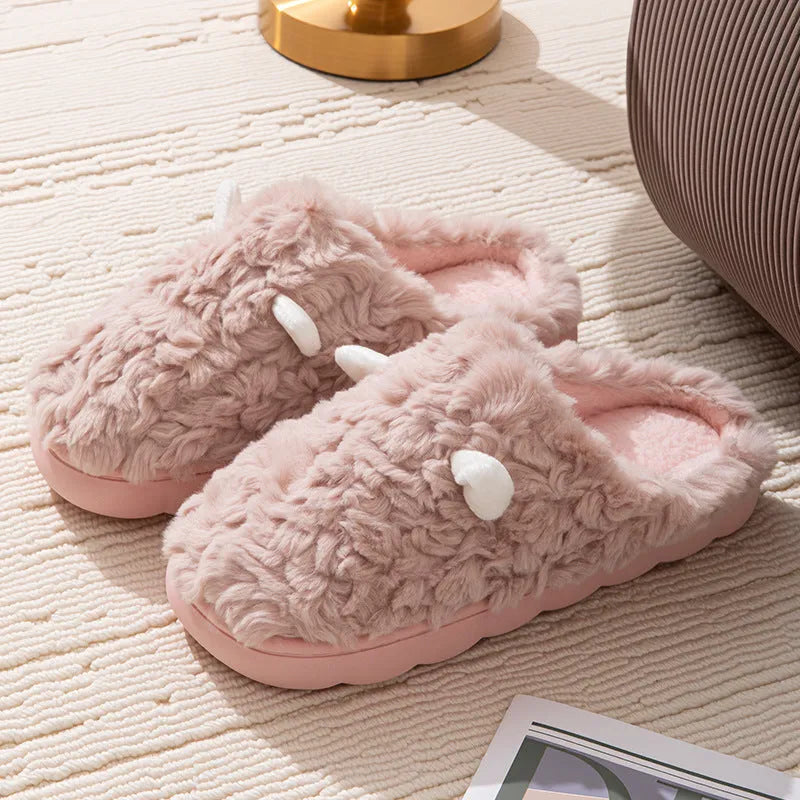 Non-slip thermal cotton slippers with plush upper and sewn sole, unisex, shown in pink, white, light green, coffee or gray