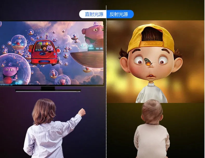 YG220 portable LED projector in white or yellow colour showing 1080P input and 24-80 inch projection size.