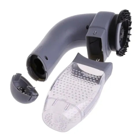 Grey handheld electric pet hair remover vacuum brush with soft rubber head.