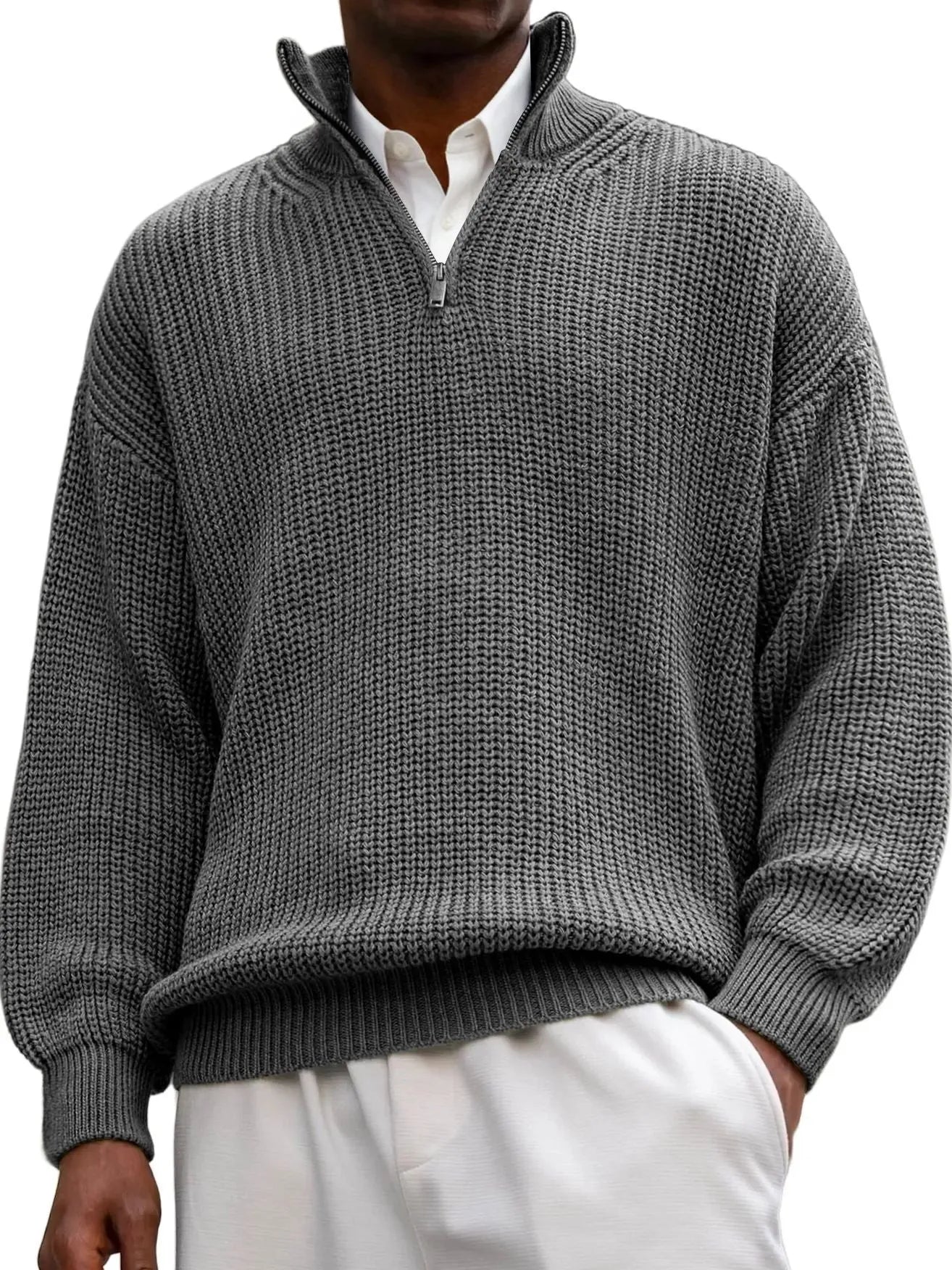 Fashion men's casual long sleeve half-zip stand collar polo shirt pullover sweater in black