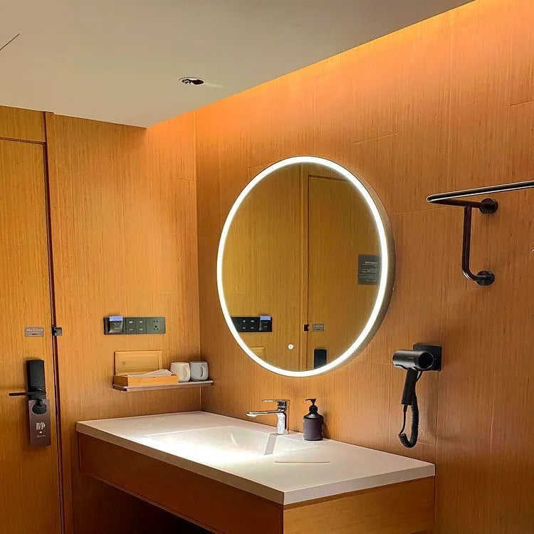 Round wall-mounted LED bathroom makeup mirror with a black aluminum alloy frame.