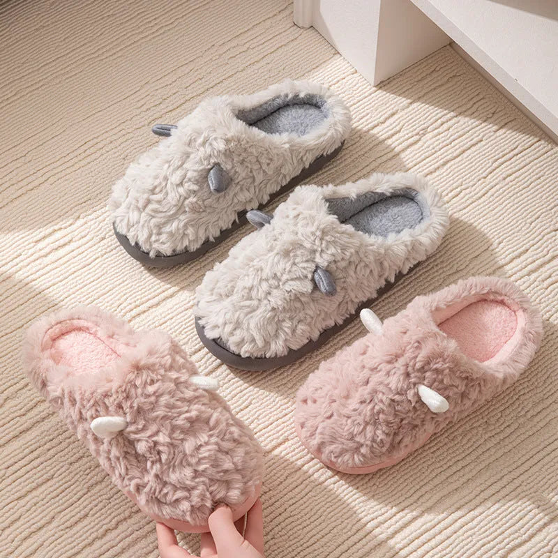Non-slip thermal cotton slippers with plush upper and sewn sole, unisex, shown in pink, white, light green, coffee or gray