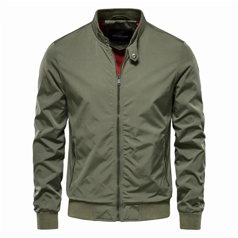 Men's solid colour thin casual jacket in army green, shown on a hanger.