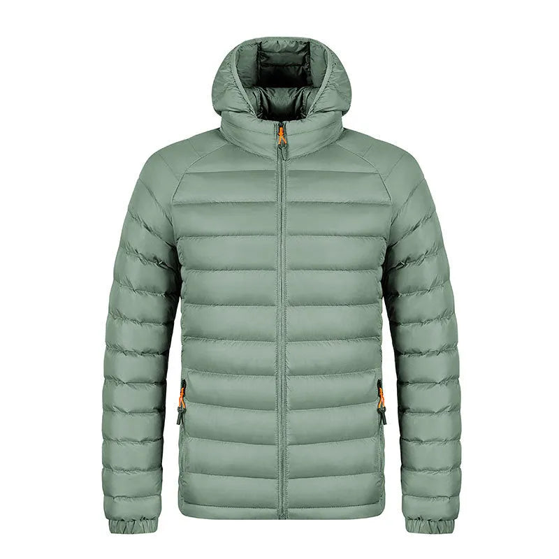 Winter lightweight hooded coat for men, polyester zipper jacket with pockets, solid colour outerwear in five colours