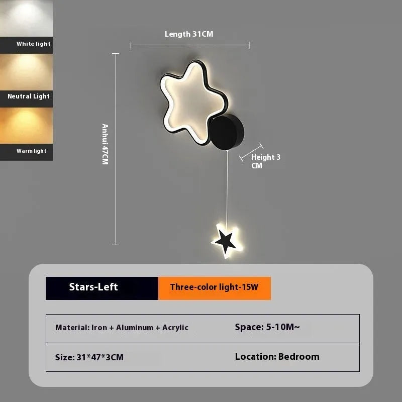 Cartoon cloud and five-pointed star themed bedside wall lamp for a child's room.