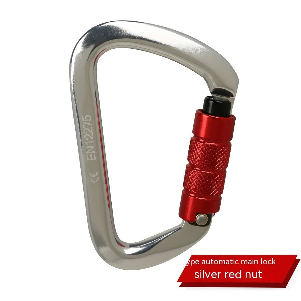 Steel D-shaped climbing carabiner showing automatic and screw-gate types in assorted colours.