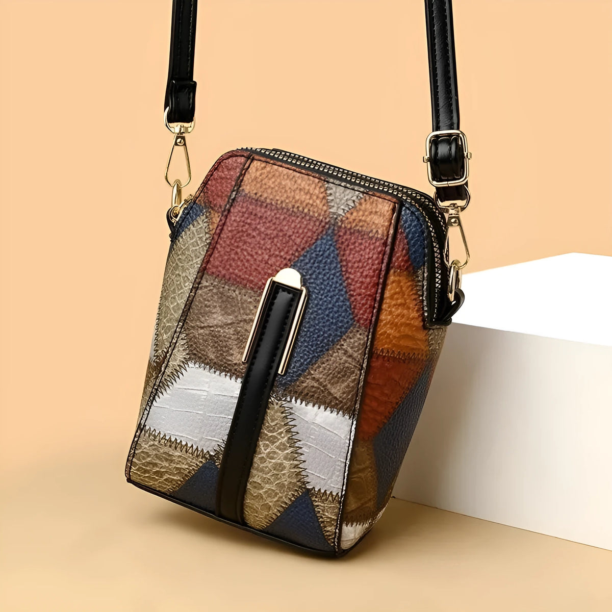 Soft PU stitching shoulder bag in irregular blue with black or brown, single strap, sandwich pocket.