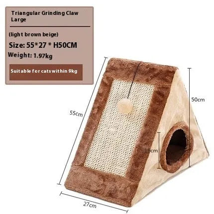 Triangular cat scratching post with sisal surfaces and soft plate fur bed in grey and white colour