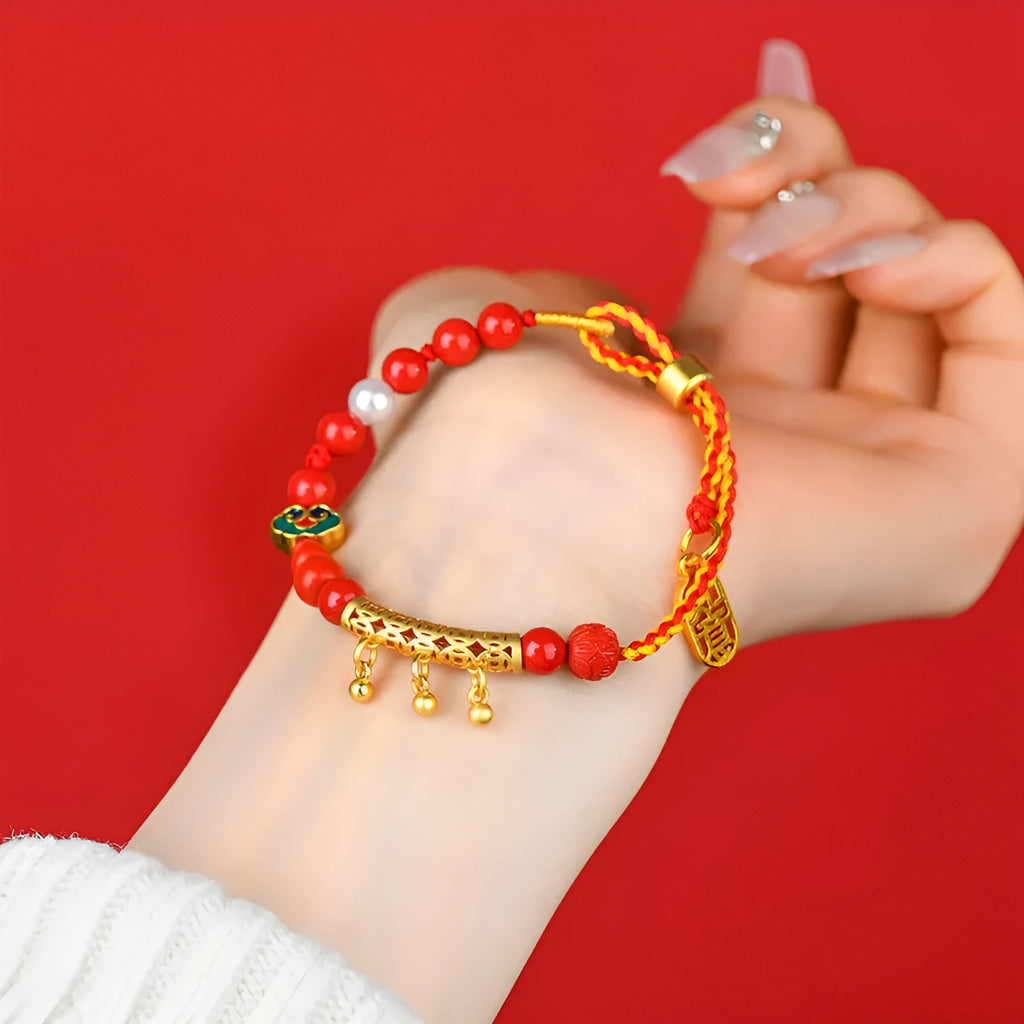 Women's hand-woven cinnabar red sand bell bracelet with round geometry design on neutral background