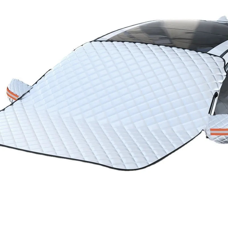 Large aluminium foil car cover with reflective stripes and magnets, shown fitted on an SUV front windshield.