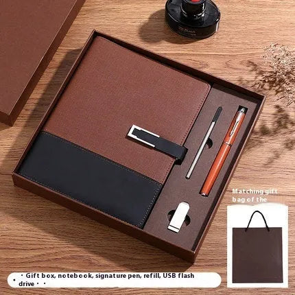 A5 leather notebook in choice of colours with gift box, open to show wood-free paper.
