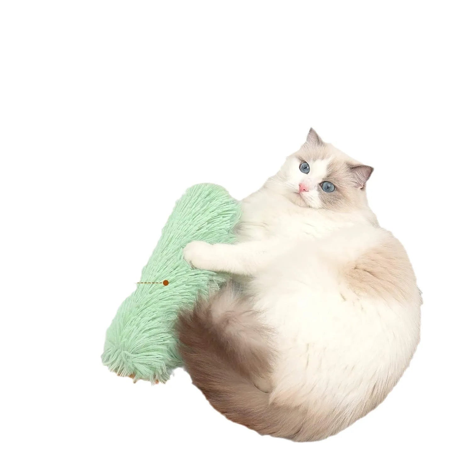 Soft plush cat toy pillow for stress relief in green, white, blue, and pink colours.