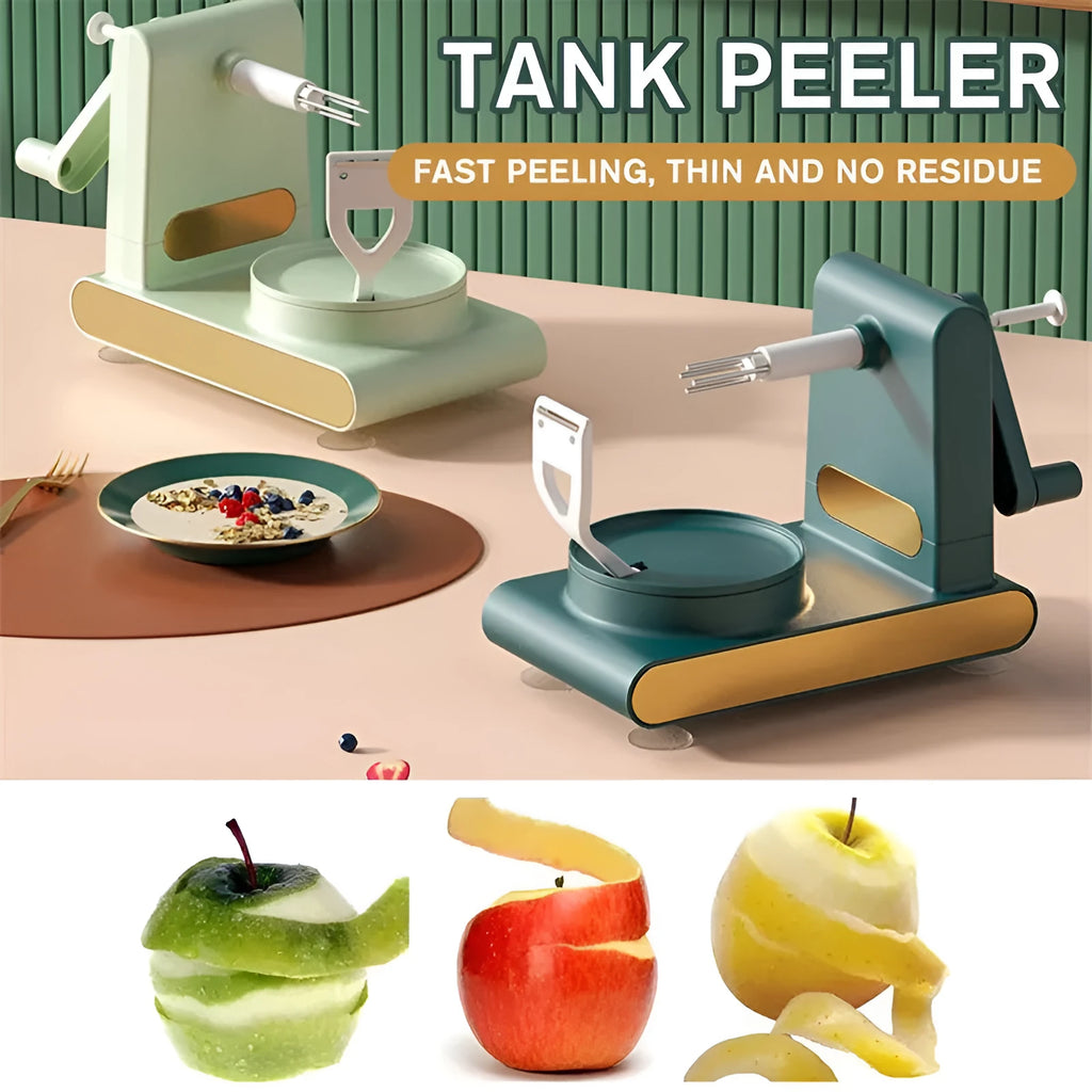 Hand-cranked peeler machine with suction base and fruit return button in light green, ABS plastic and metal