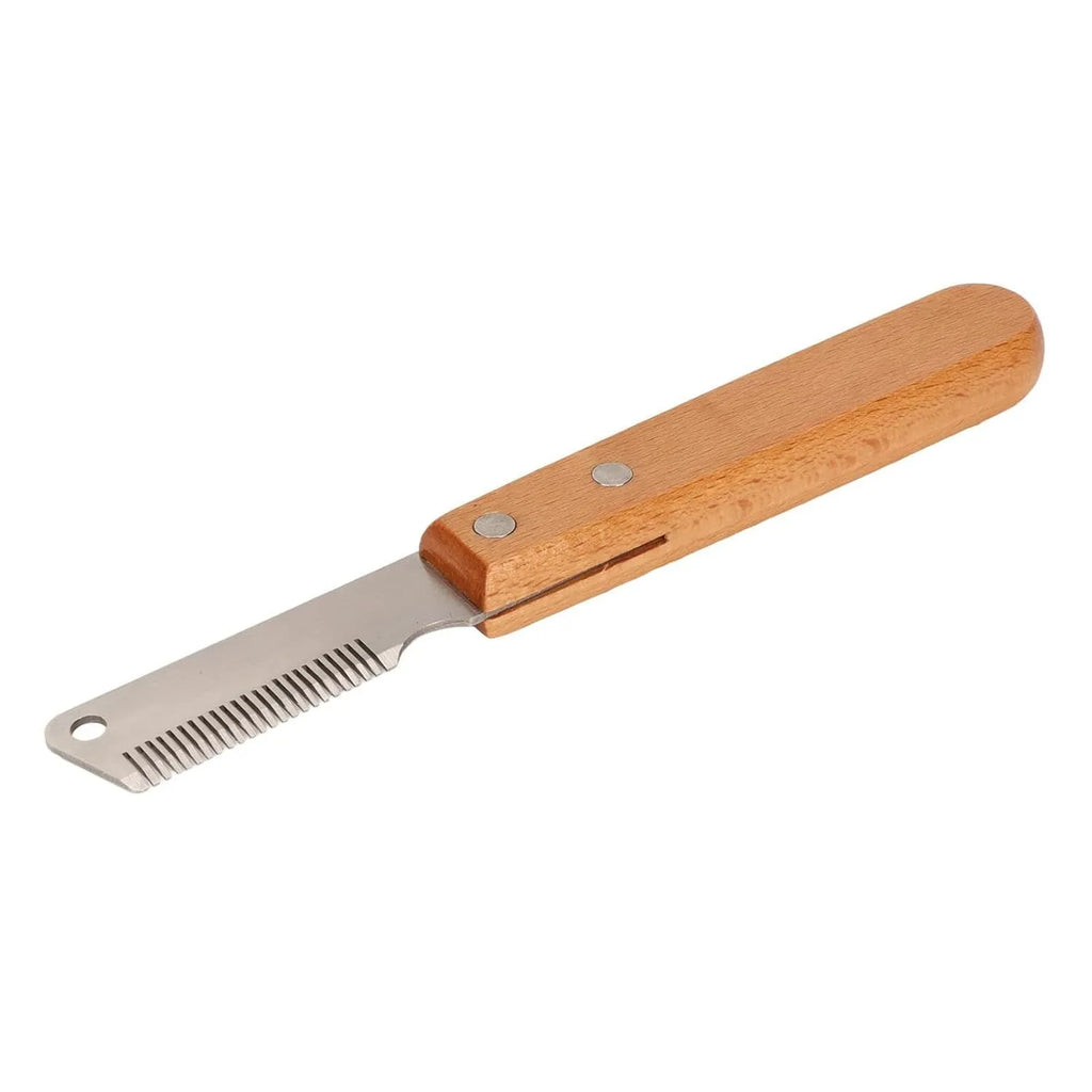 Wooden handle pet stripping comb for grooming dogs and cats, shown in two size options.