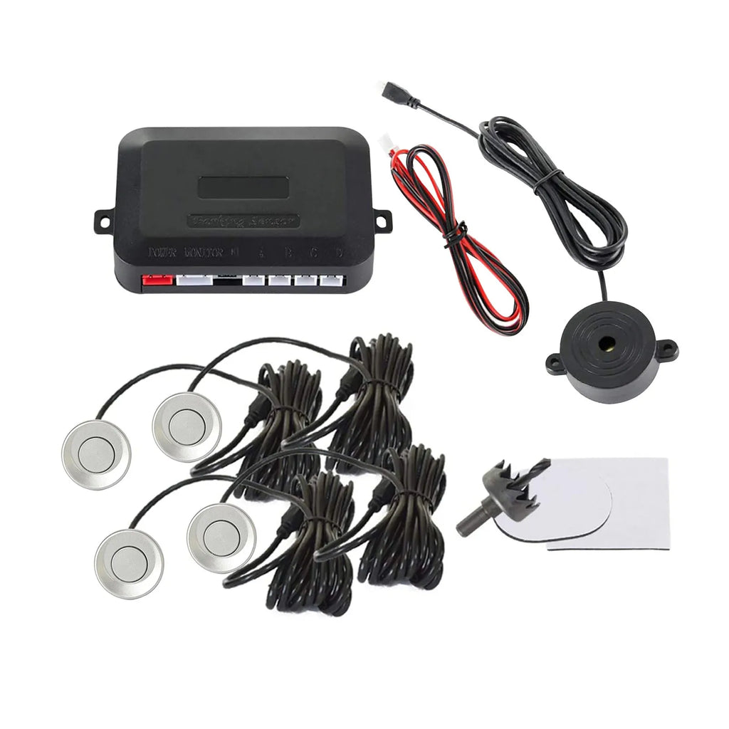 4-probe car reversing radar kit with sensors, buzzer module, cables and hole saw