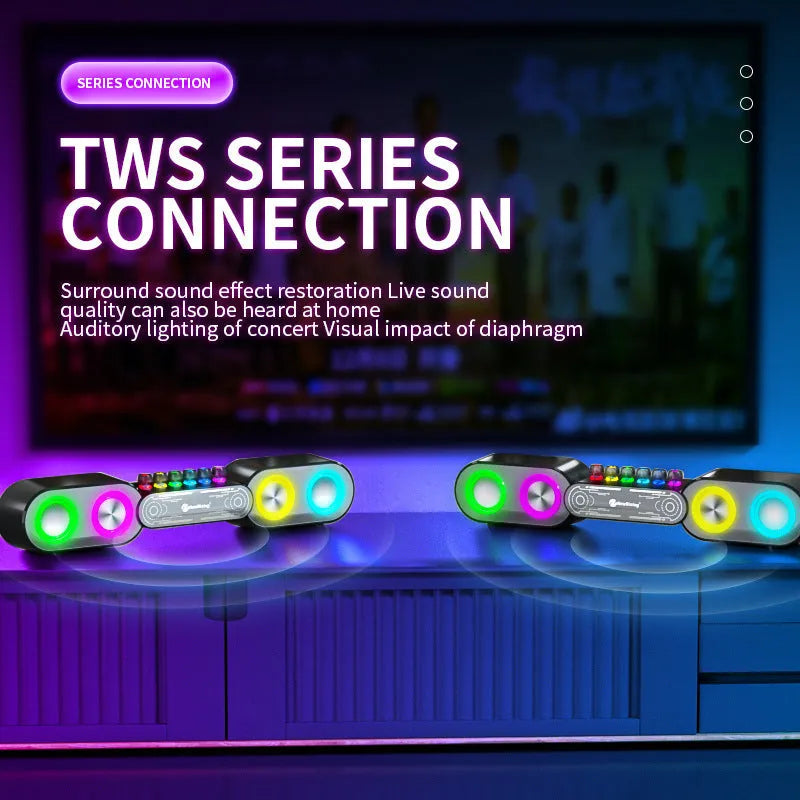 White RGB colourful e-sports Bluetooth speaker with plastic shell, built-in lithium battery, and mechanical buttons