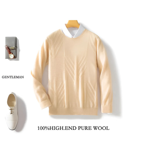 Men's round neck sweater pullover solid colour jacquard loose fit long sleeve mercerized craft