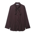 Brown women's poplin shirt with scarf bow tie detail and loose cardigan style
