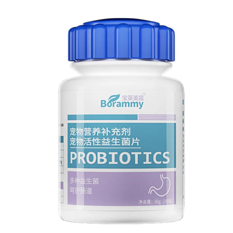 Bottle of 180 pet probiotic tablets for dog and cat digestive health