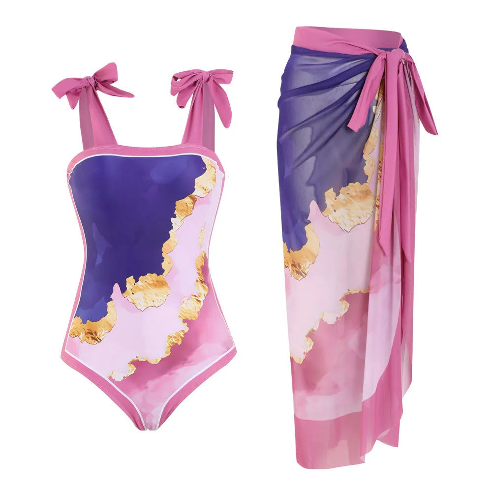 Floral mesh tube top conservative bikini swimsuit with matching skirt in polyester fabric