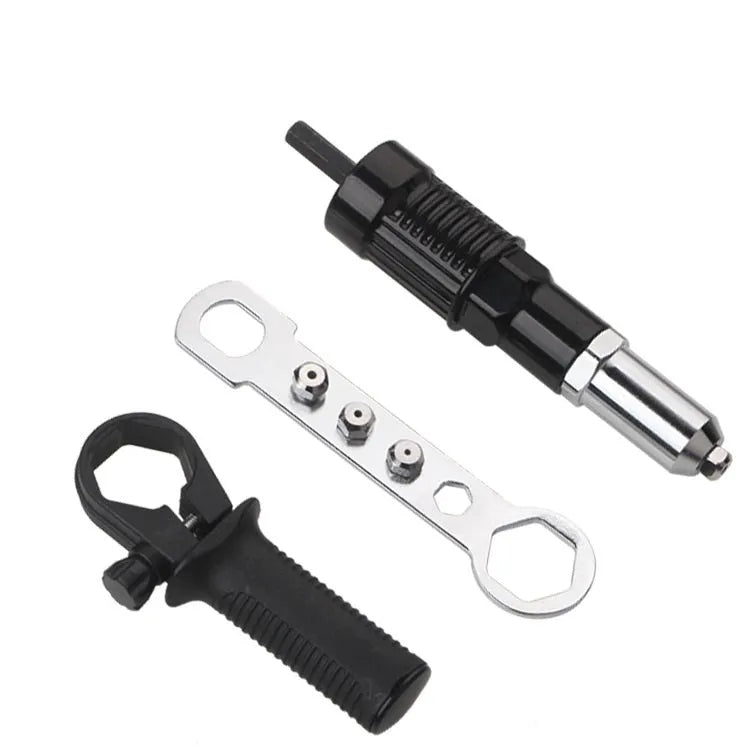 Black metal electric drill rivet gun attachment measuring 173mm with hardened three-jaw chuck and included handle, wrench, and rivet heads