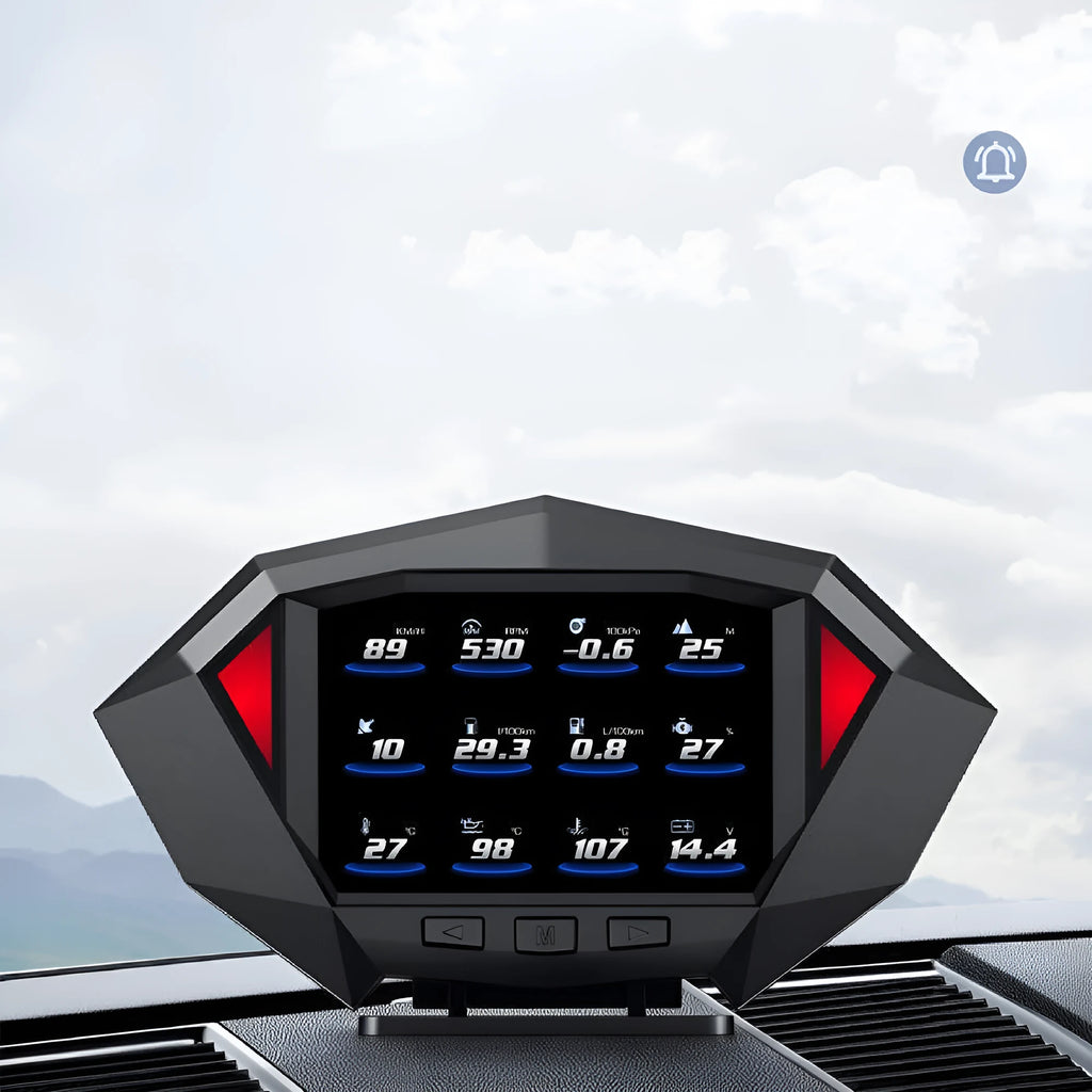 Black P1 model car head-up display unit with LCD screen, OBD cable, and anti-slip pad.