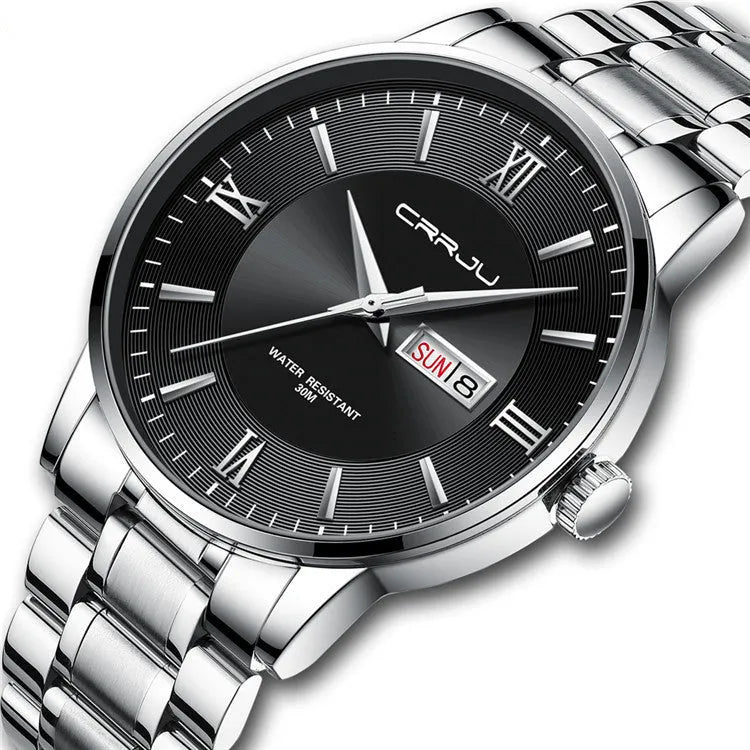 Men's casual business quartz watch with alloy case, 30m waterproof, plexiglass mirror, available in multiple colours