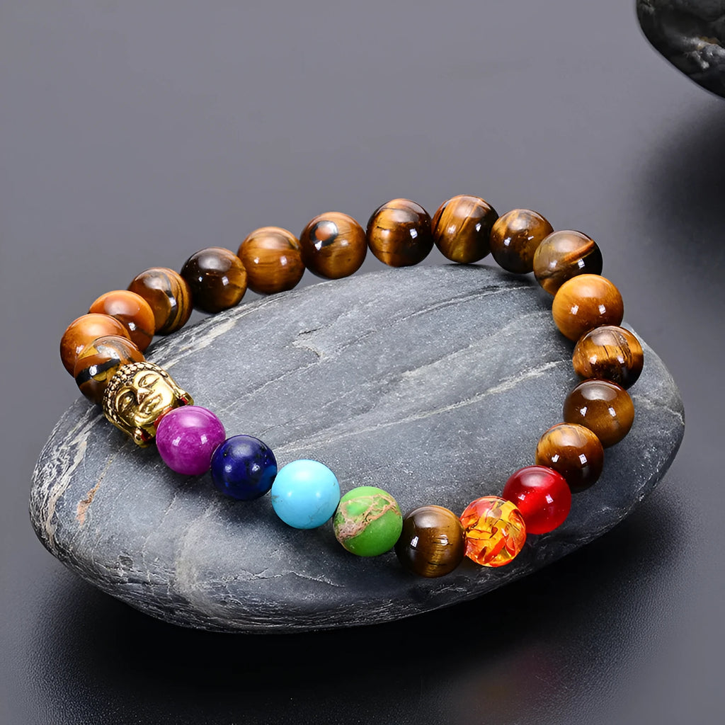 Seven chakra natural stone and tiger eye beaded bracelet with adjustable rope in gold or silver