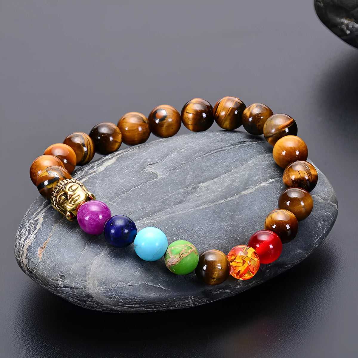 Seven chakra natural stone and tiger eye beaded bracelet with adjustable rope in gold or silver